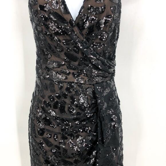 DRESS THE POPULATION Sequin Ruffle Slit Maxi Dress Small Black Leopard NWOT - Picture 2 of 7